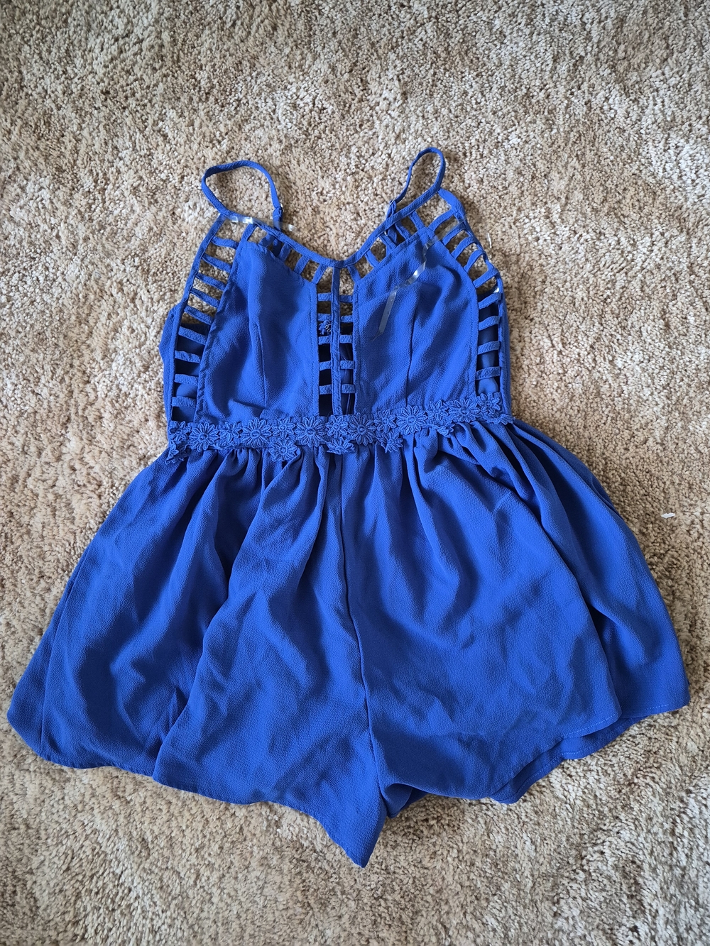 Royal Blue Strappy Romper with Florace Lace Pattern Waist Size Medium